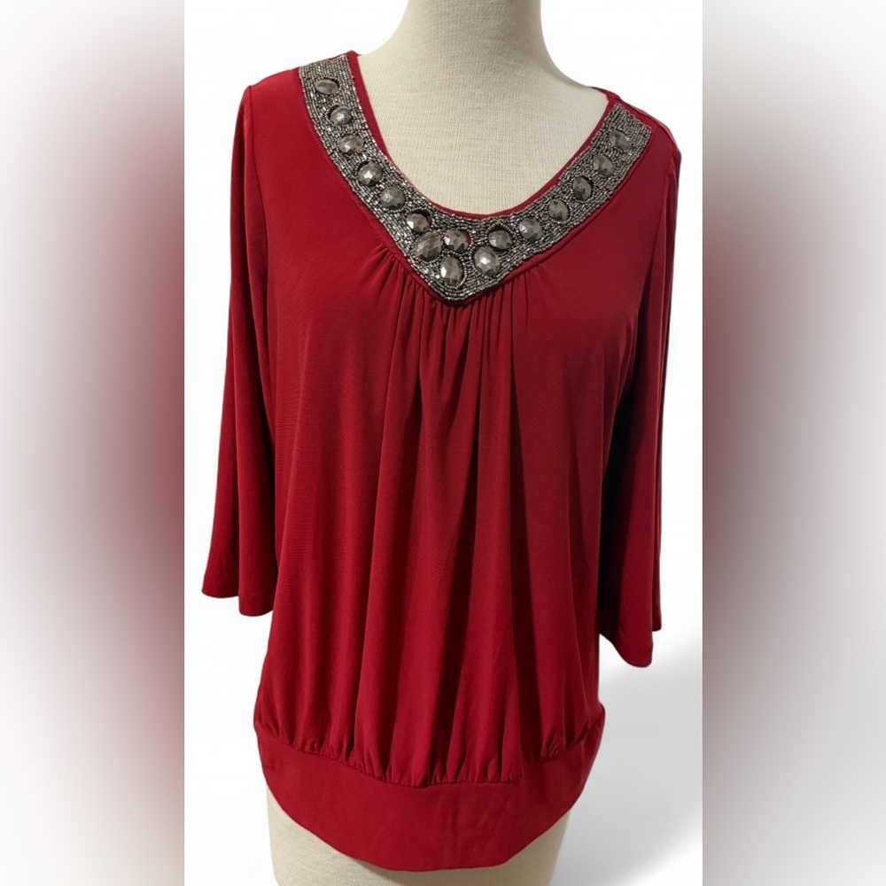 Jennie & Martis Red Jewel Embellished Blouse Women’s XL 3/4 Sleeve Top